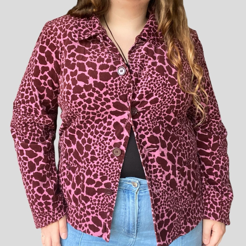 Y2k pink giraffe printed corduroy button up collared coat
